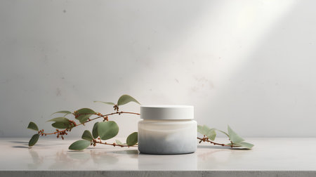 Mockup of white cosmetic jar with green eucalyptus branches on white background. 3d renderingの素材