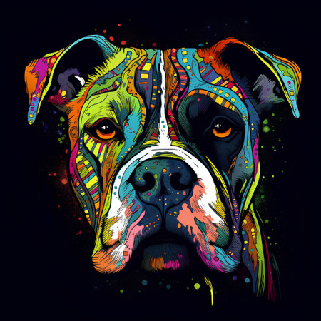 Boxer dog portrait with colorful pattern on black background. Vector illustration.の素材