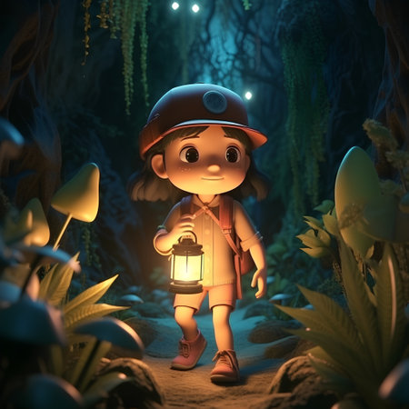Cute little girl with a lantern in the jungle. 3D rendering.の素材