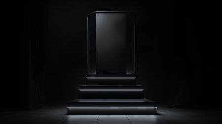 Black pedestal on a dark background. 3d render illustration.の素材