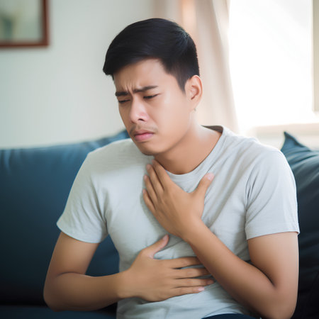 Young Asian man suffering from chest pain while sitting on sofa at homeの素材
