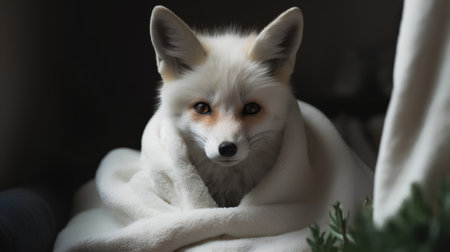 Portrait of a cute fox wrapped in a white blanket on a dark backgroundの素材