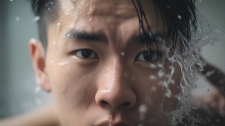 Asian man taking a shower in the bathroom. Close up portrait.の素材