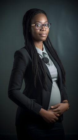 Beautiful african american pregnant woman wearing eyeglasses and black suitの素材