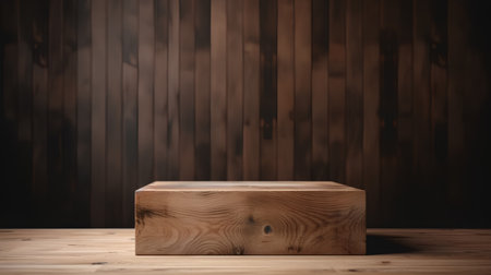 Wooden product stand on wooden table in front of dark wooden wallの素材