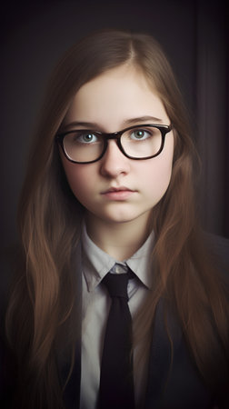 Portrait of a schoolgirl in glasses and a business suit.の素材