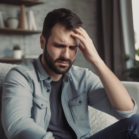 Depressed young man sitting on couch at home, suffering from headacheの素材