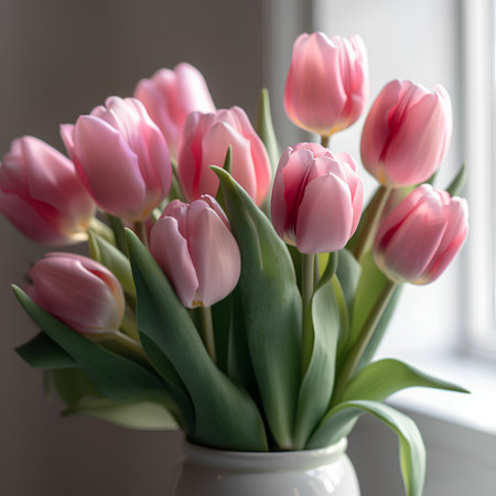 Bouquet of pink tulips in a vase on the windowsillの素材