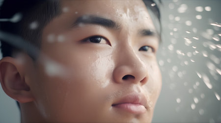 Young man under the shower, close-up portrait, asianの素材