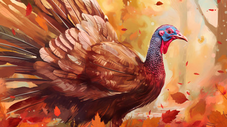 Wild turkey on the background of autumn leaves. Watercolor illustration.の素材