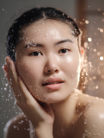 Beautiful young asian woman taking shower in bathroom, close up portraitの素材