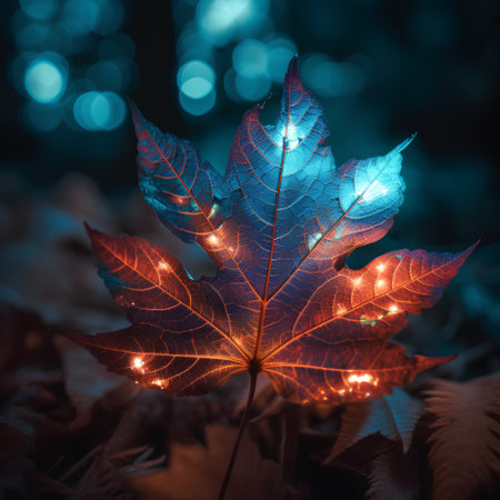 Autumn maple leaf with blue bokeh lights on the background.の素材
