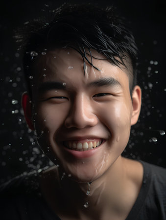 Portrait of young asian man with water splash on black backgroundの素材
