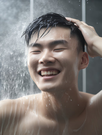 Young handsome asian man taking a shower in the bathroom, closeup portraitの素材