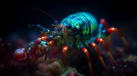 Macro image of a colorful crayfish on a coral reefの素材