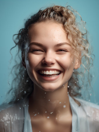 Portrait of a happy young woman splashing water on her faceの素材