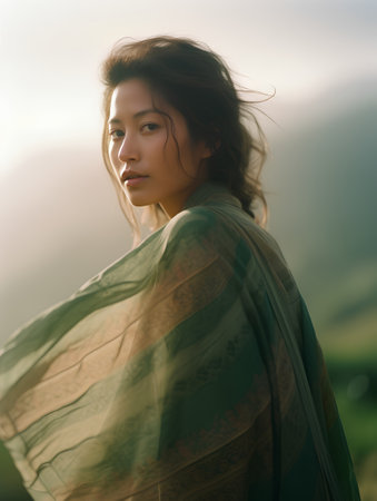 Portrait of a beautiful young woman with long hair in a green shawlの素材