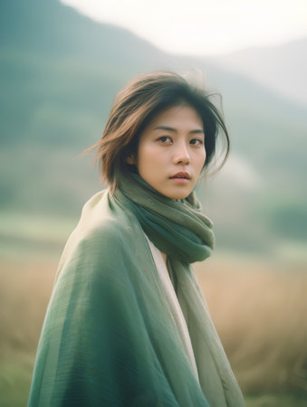 Beautiful young asian woman wearing scarf standing in the field.の素材