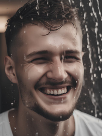 Young handsome man under shower in bathroom. Happy smiling male model.の素材