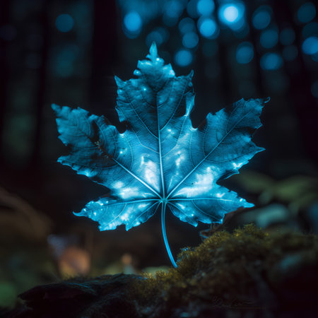 Maple leaf in the forest with blue bokeh lights.の素材