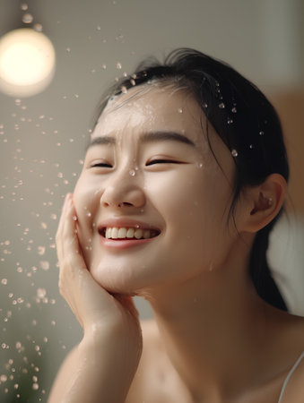 Portrait of happy young asian woman with wet hair smiling under shower.の素材