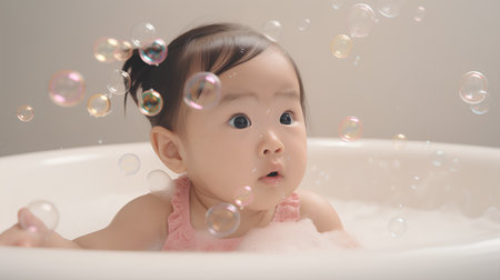 Asian cute little baby girl playing with soap bubbles in bathtub.の素材
