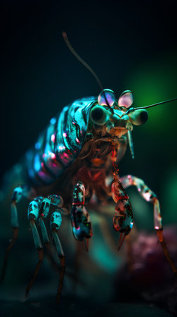 Macro shot of a blue and pink beetle on a black backgroundの素材