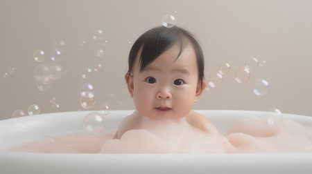 cute asian baby girl bathed in bathtub with soap bubblesの素材