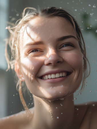 portrait of happy young woman in shower with water drops on her faceの素材