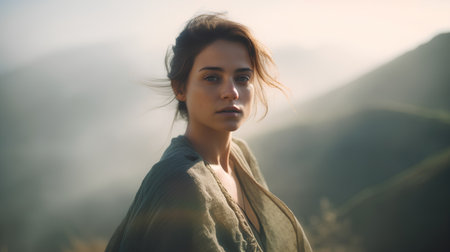 Portrait of a beautiful young woman with long hair in the mountainsの素材