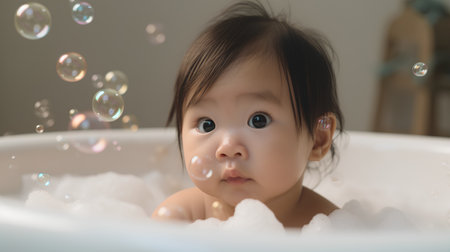 Cute asian baby girl playing in bathtub with soap bubblesの素材