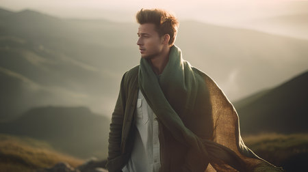 Handsome young man with scarf on his shoulders standing on top of a mountain and looking awayの素材
