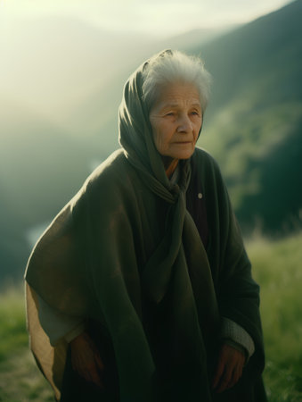Portrait of an elderly woman on the background of the mountains.の素材
