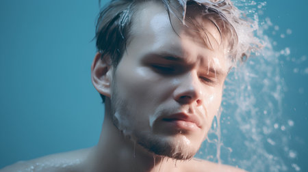 Young handsome man under shower with drops of water on his face.の素材