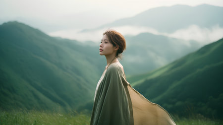 Beautiful asian woman in long green dress standing in the mountainsの素材