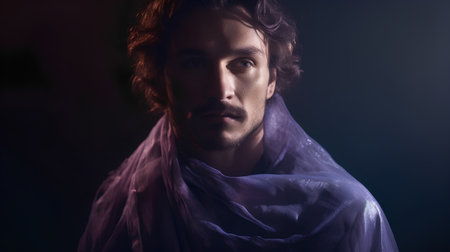 Portrait of a handsome young man in a purple scarf. Men's beauty, fashion.の素材