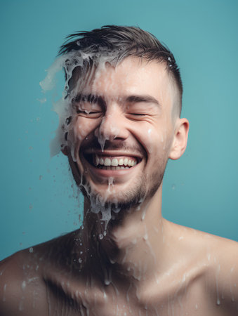 Portrait of a happy young man with a shower behind his head.の素材