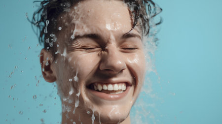 Young man in shower with water drops on his face. Isolated on blue background.の素材