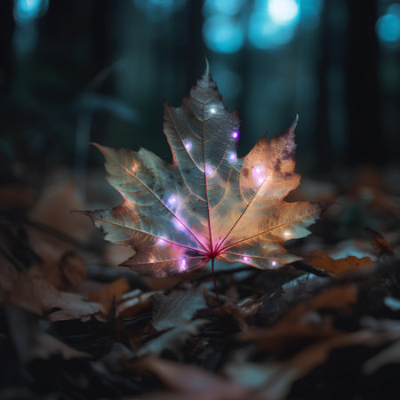 Autumn maple leaf with colorful bokeh lights in the forestの素材