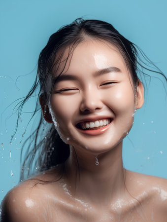 smiling young asian woman with water splash on face isolated on blueの素材