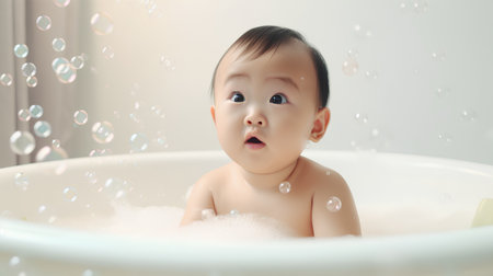 Cute asian baby boy in bathtub with foam and bubblesの素材