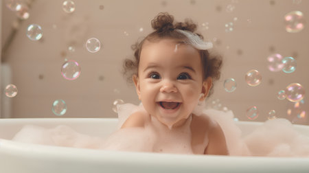 Cute baby girl bathes in a bathtub with soap bubblesの素材