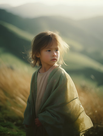 Portrait of a cute little girl in the mountains at sunset.の素材