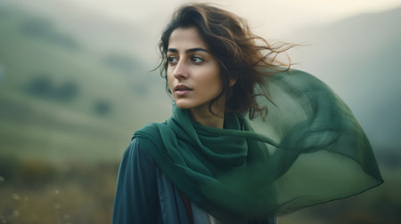 Portrait of a beautiful girl in a green shawl.の素材