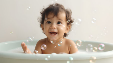Happy baby girl bathes in a bath with soap bubbles on a white backgroundの素材