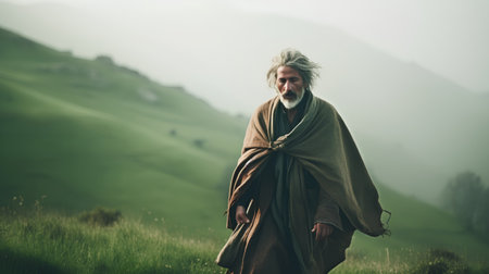 Old man in the mountains. Man with a long white beard and a shawl.の素材