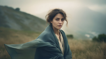 Young beautiful woman in the field with a blanket on her shoulders.の素材