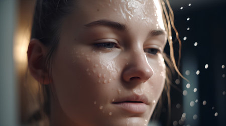Young beautiful woman taking shower in bathroom. Close-up portrait.の素材
