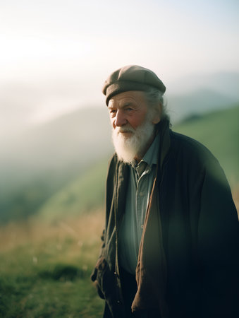 Portrait of senior man with gray beard and cap in mountains.の素材