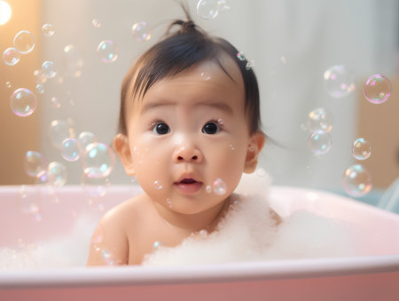 Cute asian baby girl playing with soap bubbles in bathtubの素材
